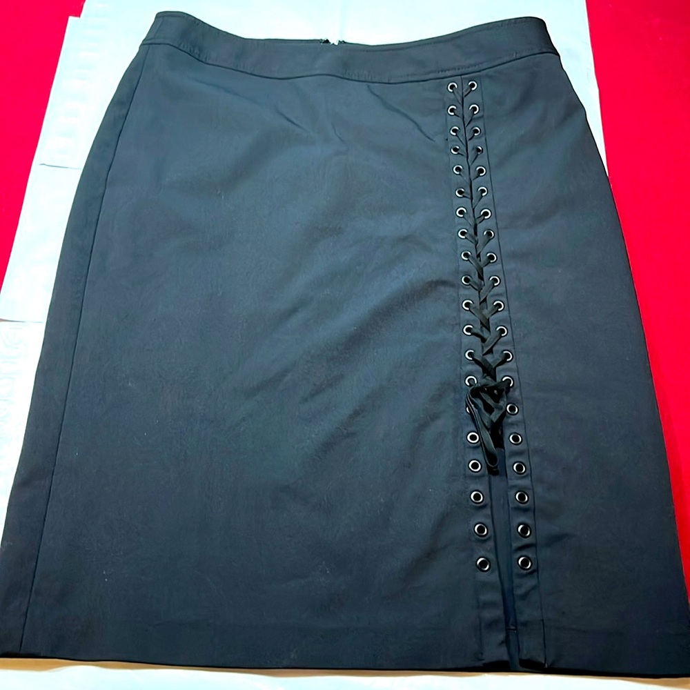 BLACK stretchy pirate lace up pencil SKIRT midi corset nylon spandex 9/10 TAWAIN